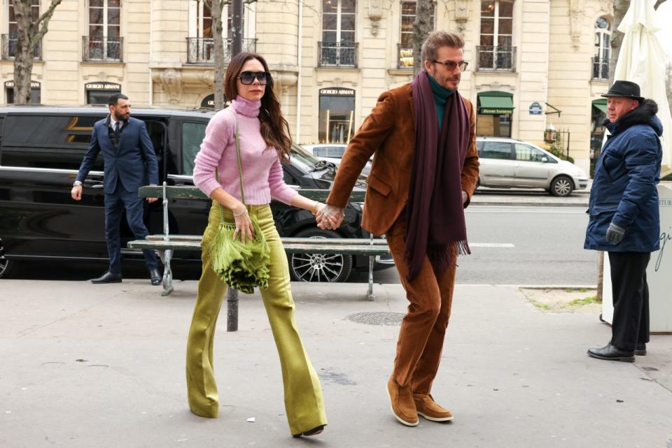 PARIS, FRANCE - MARCH 04: Victoria Beckham and David Beckham are seen arriving at a restaurant on March 04, 2023 in Paris, France. (Photo by Pierre Suu/GC Images)