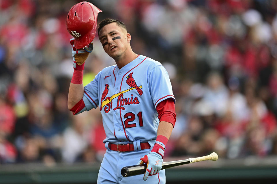 St. Louis Cardinals' Lars Nootbaar walks to the dugout after striking out during the third inning of a baseball game against the Cleveland Guardians, Saturday, May 27, 2023, in Cleveland. (AP Photo/David Dermer)