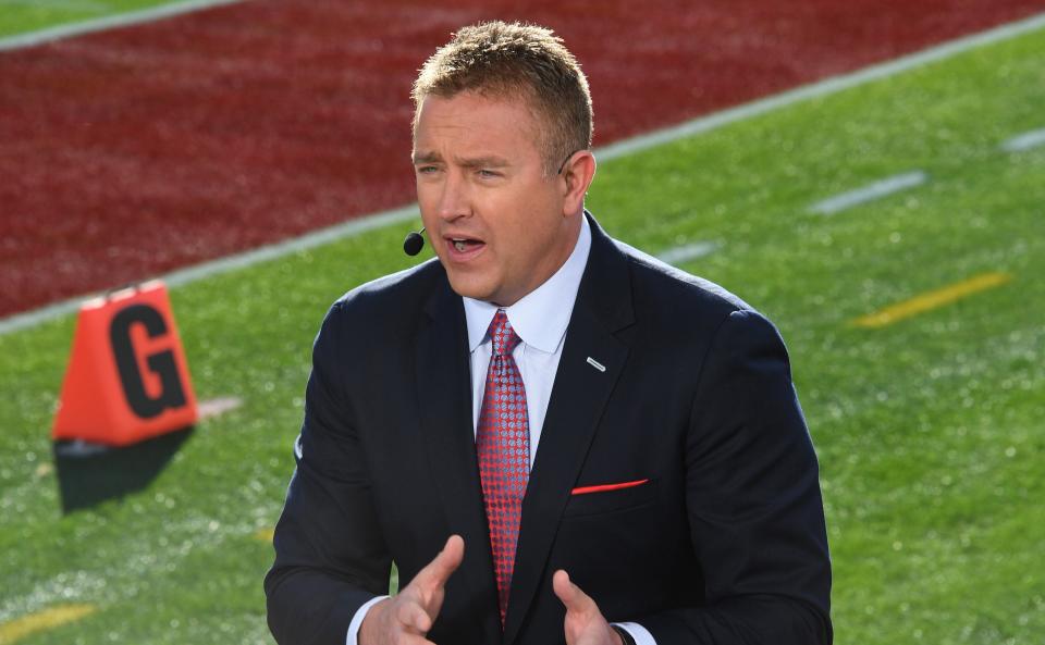 Jan 1, 2019; Pasadena, CA, USA; Kirk Herbstreit on the ESPN Championship Drive set prior to the 2019 Rose Bowl between the Washington Huskies and the Ohio State Buckeyes. Mandatory Credit: Kirby Lee-USA TODAY Sports ORG XMIT: USATSI-382986 ORIG FILE ID: 20190101_ads_al2_116.JPG