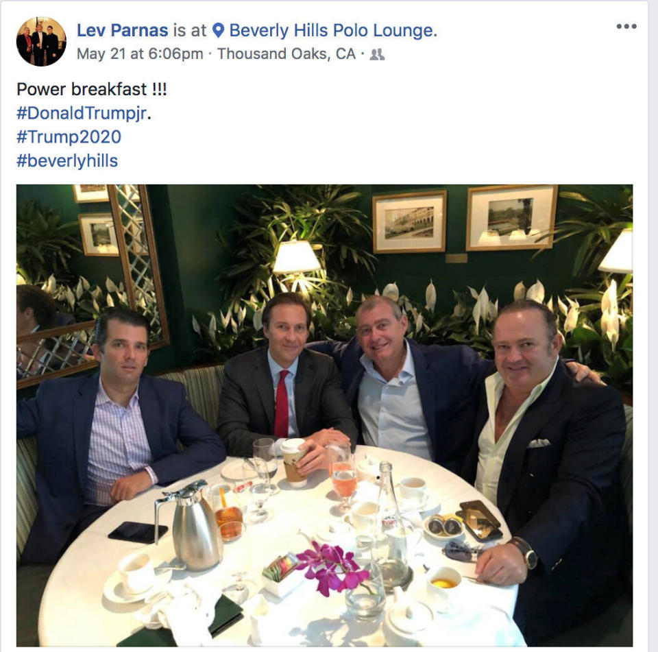 Donald Trump Jr., left, Trump campaign fundraiser Tommy Hicks Jr., Ukrainian-American businessman Lev Parnas and Belarus-born businessman Igor Fruman in a 2018 screen capture from Parnas' social media account made by the Campaign Legal Center and released by the CLC on Thursday. (Photo: Lev Parnas/Social Media via the Campaign Legal Center/Handout)