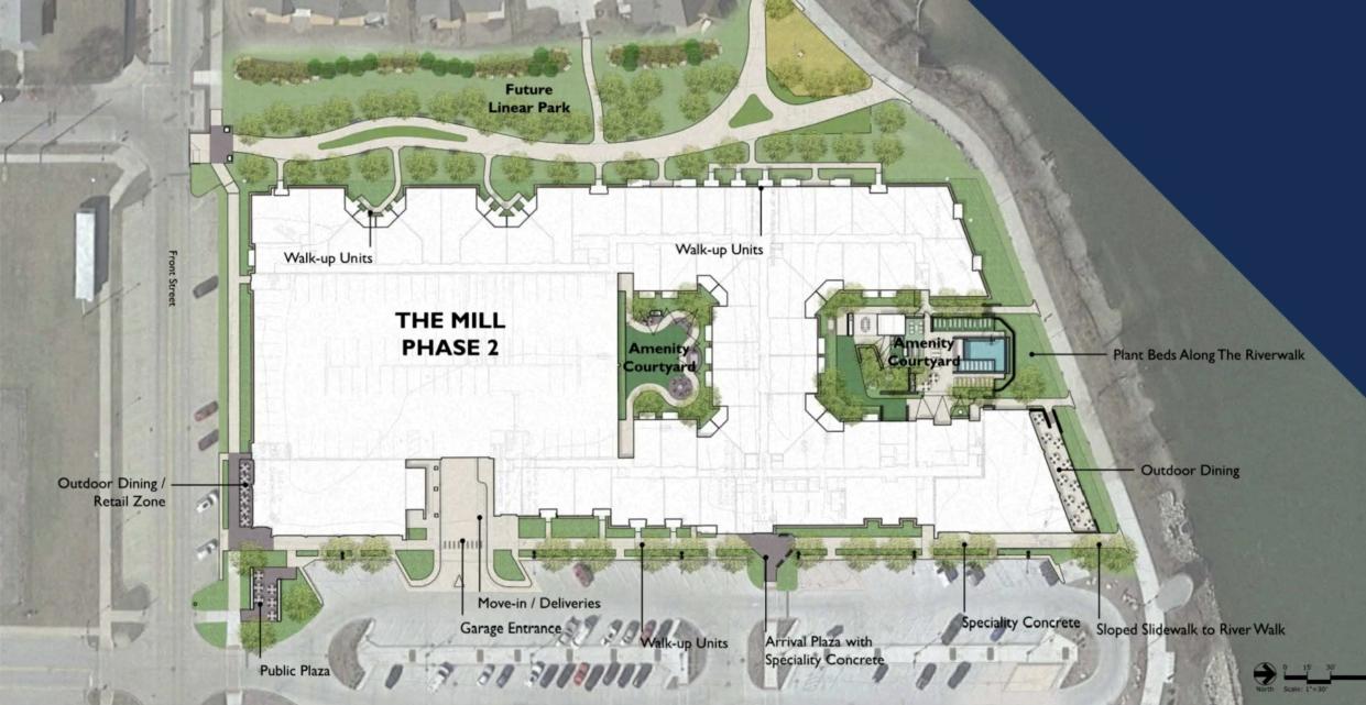 This is an artist rendering of the new phase of The Mill apartment complex proposed for Ironworks Plaza in downtown Mishawaka next to Beutter Park.