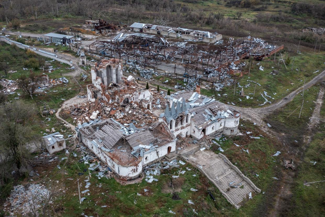 A monastery and warehouse lie in ruins after being destroyed during fighting between Ukrainian and Russian occupying forces, on October 23, 2022 in Slovyansk, Donetsk oblast, Ukraine. 