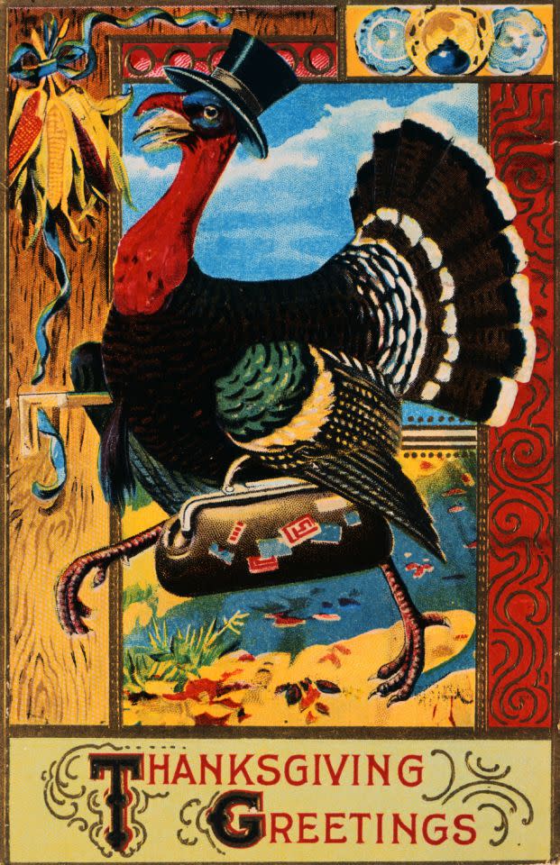 ca. 1911 — “Turkey in Top Hat with Valise” Thanksgiving Postcard — Image by © Cynthia Hart Designer/Corbis