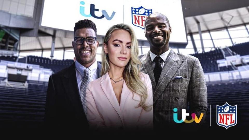 Jason Bell, Osi Umenyiora and Laura Woods will front up ITV’s NFL coverage (ITV)