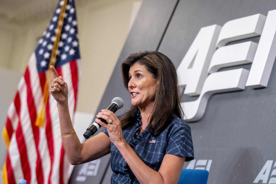 Republican presidential candidate Nikki Haley speaks at American Enterprise Institute, Tuesday, June 27, 2023, in Washington. (AP Photo/Andrew Harnik)