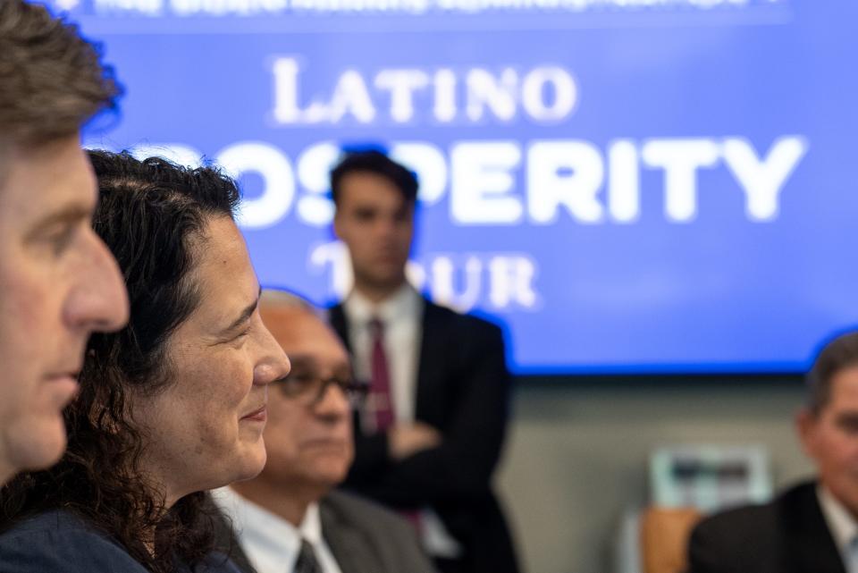 Isabella Casillas Guzman, administrator of the Small Business Administration, attends a roundtable dicussion with business leaders as part of the Biden-Harris Administration Latino Prosperity Tour during AZBizCon23 at the National Bank of Arizona Conference Center in Phoenix on May 4, 2023.