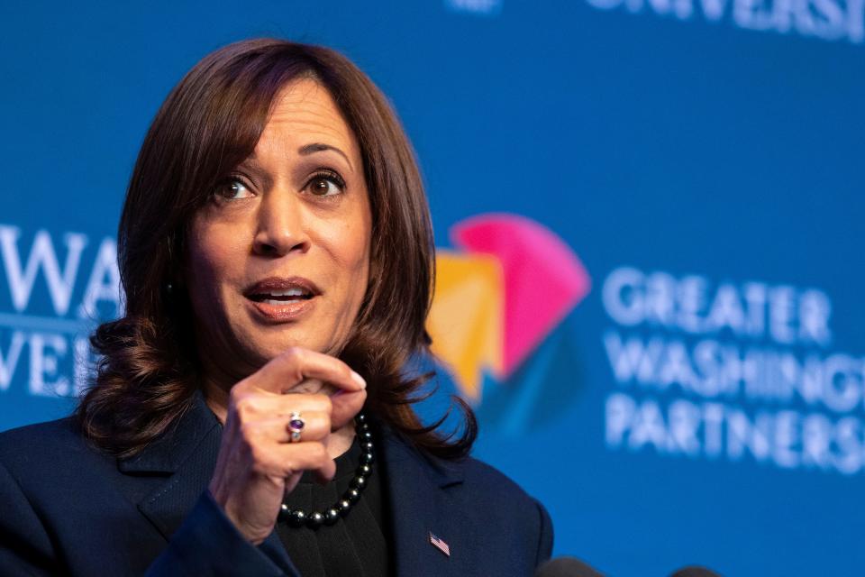 WASHINGTON, DC - MARCH 30: U.S. Vice President Kamala Harris delivers remarks at an event with the Greater Washington Partnership at Howard University March 30, 2022 in Washington, DC. Greater Washington Partnership announced a $4.7 billion commitment to boosting minority-owned businesses and underrepresented communities in and around the Washington, DC region. (Photo by Drew Angerer/Getty Images)