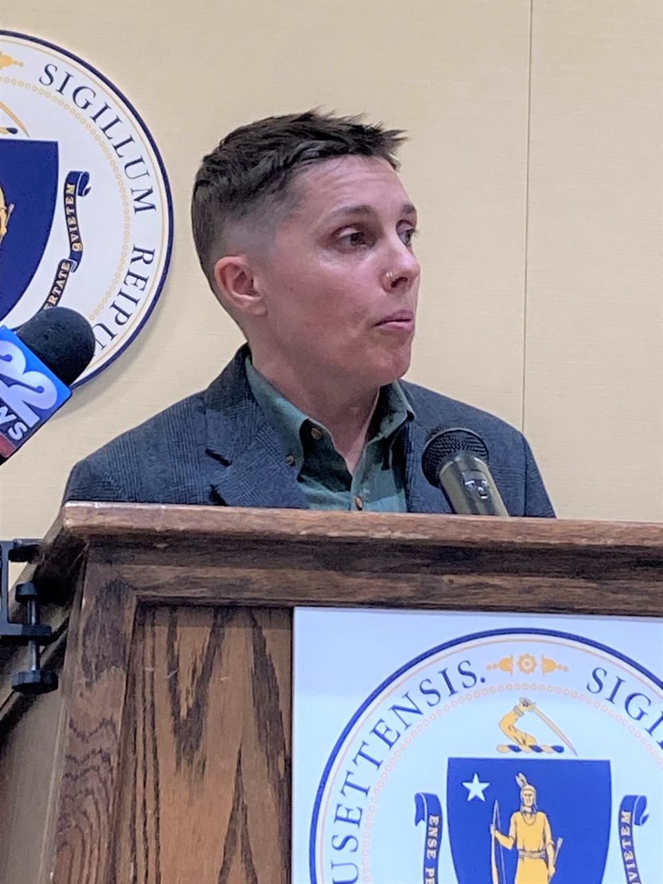 Kade Crockford, of the American Civil Liberties Union, spoke in support of a bill banning the sale of cell phone location data in Massachusetts at a legislative briefing Wednesday, Jan. 17.