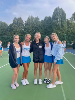 Pictured from left are high school tennis players Meren Webber, a senior at Kohler High School; Danielle Stoffregen, also a senior at Kohler High School; sportsmanship pin recipient senior Hailey Batzner of Plymouth High School; Sophia Torke, junior at Kohler High School; and Maria Burrows, senior at Kohler High School.