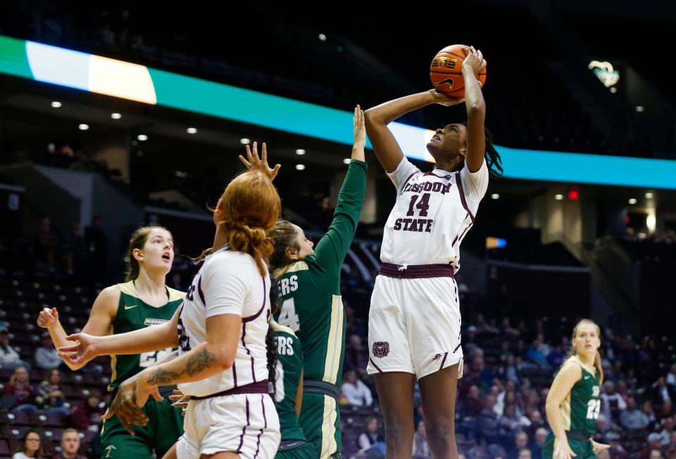 Missouri State Lady Bears forward Jade Masogayo shoots a field goal as the Bears take on the Missouri S&T Miners at Great Southern Bank Arena on Wednesday, Nov. 2, 2022.