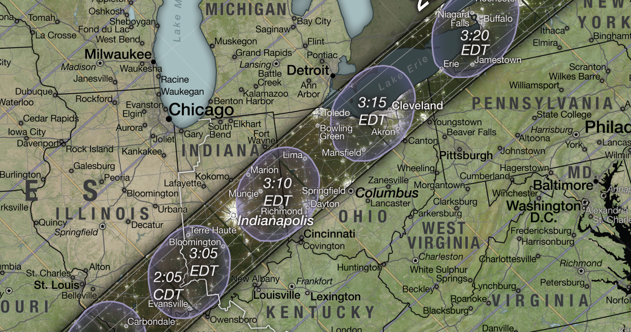 A map showing where the eclipse's path of totality will cross Ohio and surrounding states during the 2024 total solar eclipse.