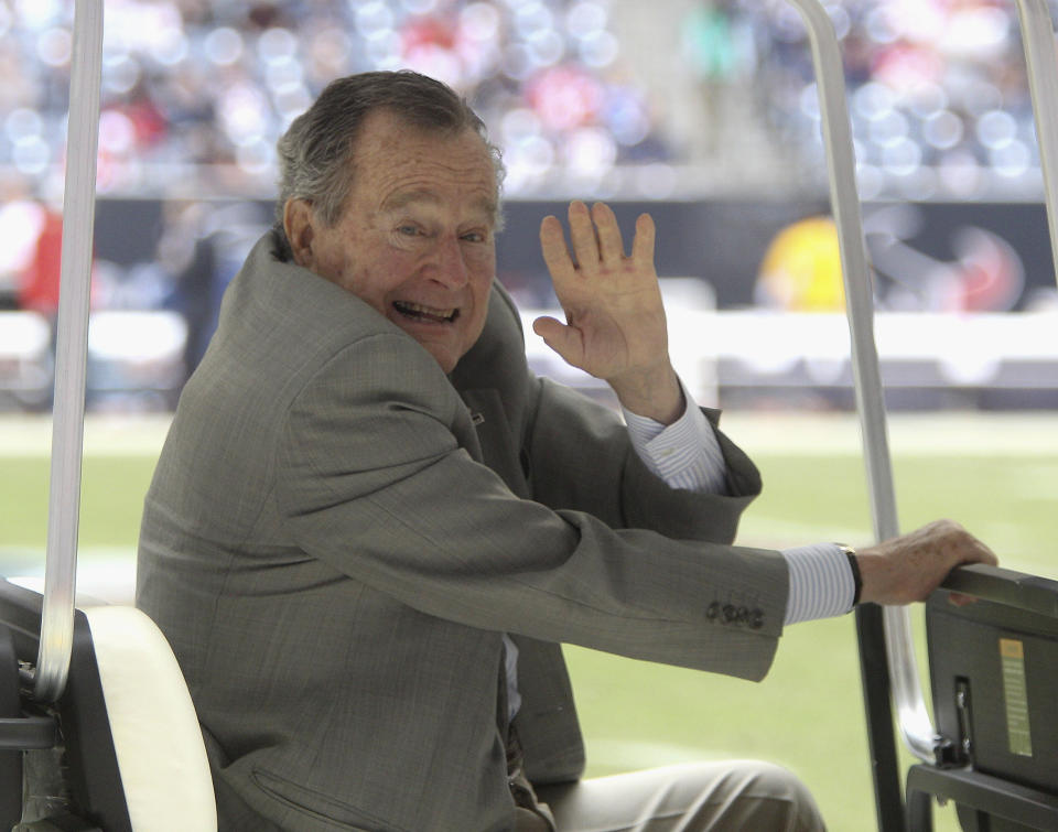 Former U.S. President George H.W. Bush at Reliant Stadium on December 1, 2013 in Houston.  (Photo by Bob Levey/Getty Images)  -- Son of Prescott Bush -- Husband of Barbara Bush -- Father of George W. Bush, Jeb Bush, Pauline Robinson Bush, Neil Bush, Marvin Bush, Dorothy Bush Koch