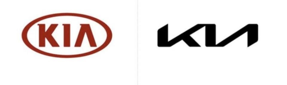 南韓KIA（起亞）汽車去年新LOGO上路，將原本「KIA」三個英文字並排的LOGO（左），改為將三個字連在一起的前衛設計。（翻攝推特）