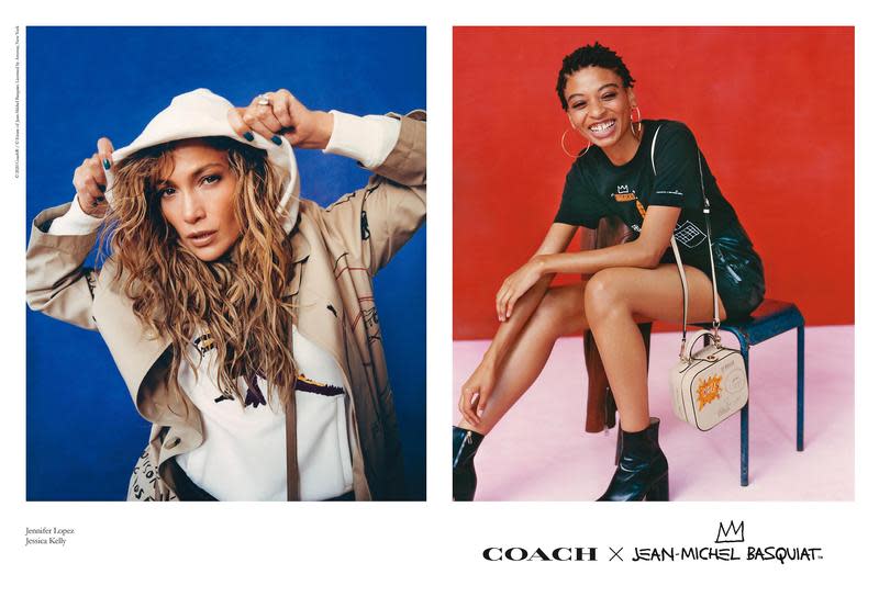 COACH x JEAN-MICHEL BASQUIAT系列邀請代言人Jennifer Lopez（左圖）、Basquiat外甥女Jessica Kelly（右圖）拍攝形象廣告。