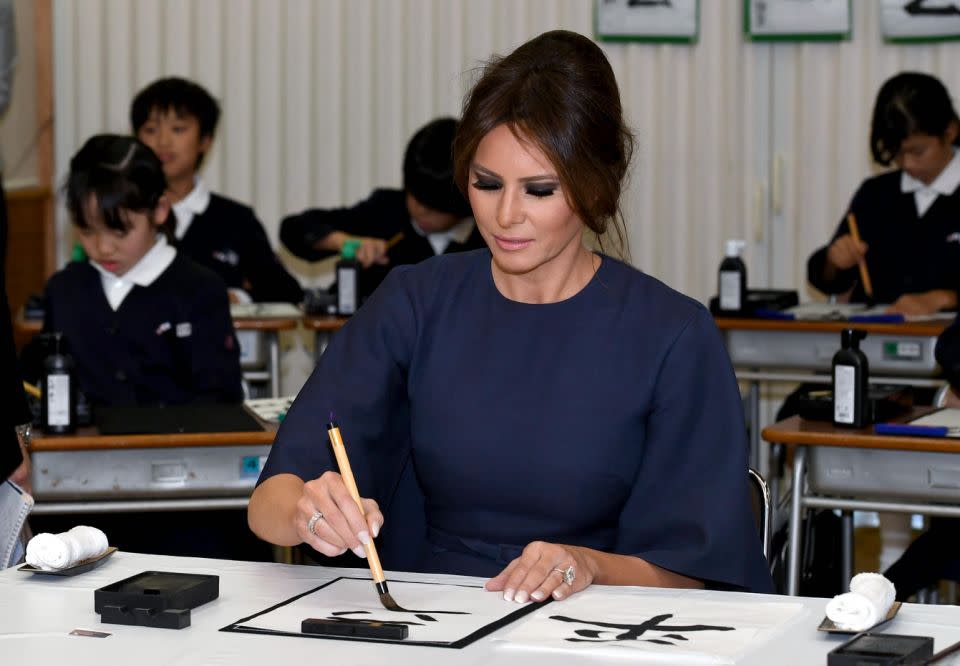 Before the dinner Melania visited a local primary school. Photo: Getty