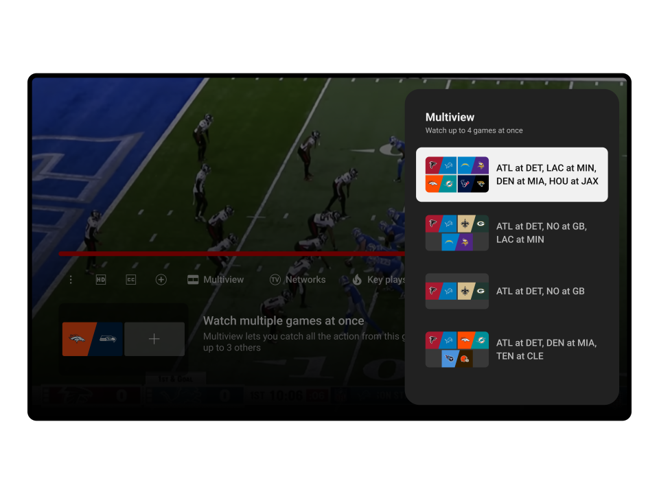 The multiview feature on NFL Sunday Ticket will allow viewers to watch two, three or four NFL games – or NFL RedZone – at the same time on Sunday.