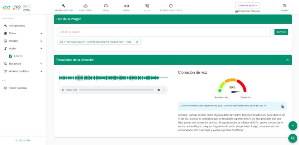 <span>Resultado del análisis del audio con la herramienta de InVid-WeVerify y Loccus.ai </span><div><span>Ezzio RAMOS</span></div>