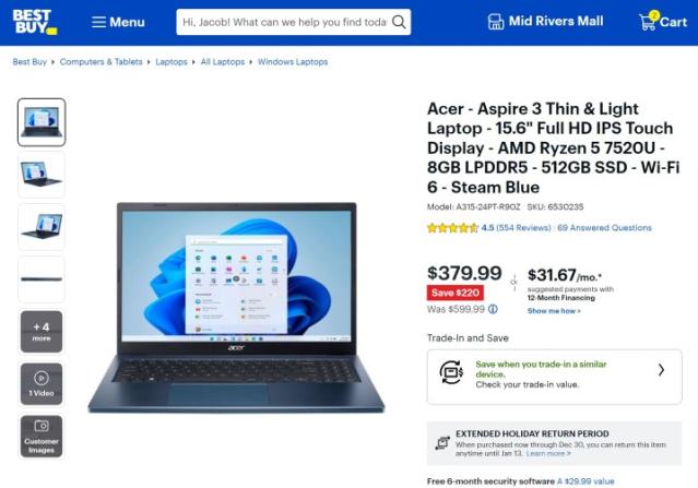 Acer Aspire 3 Thin & Light Laptop 15.6 Full HD IPS Touch Display AMD Ryzen  5 7520U 8GB LPDDR5 512GB SSD Wi-Fi 6 Steam Blue A315-24PT-R90Z - Best Buy