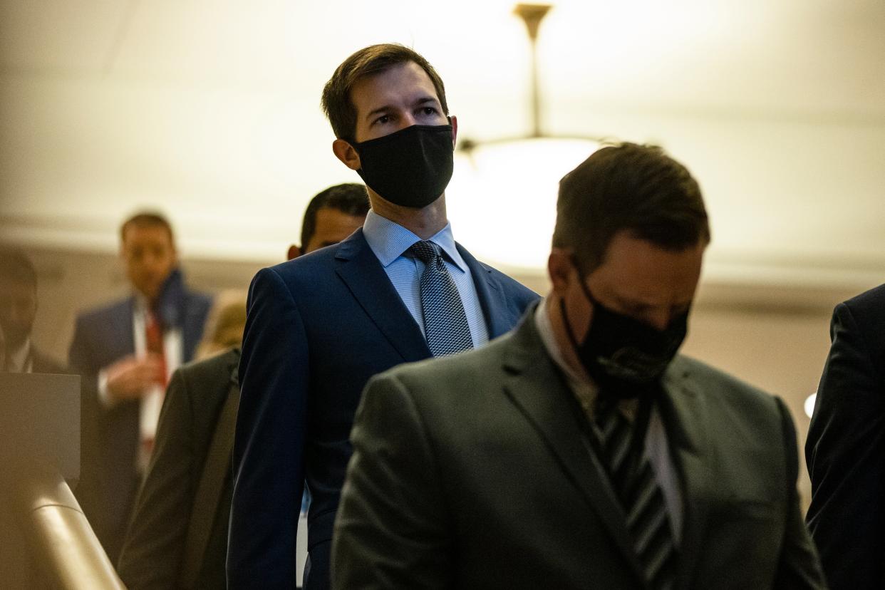 Jake Auchincloss (D-MA) and other Representatives-elect arrive at the U.S. Capitol on November 13, 2020 in Washington, DC.  (Getty Images)