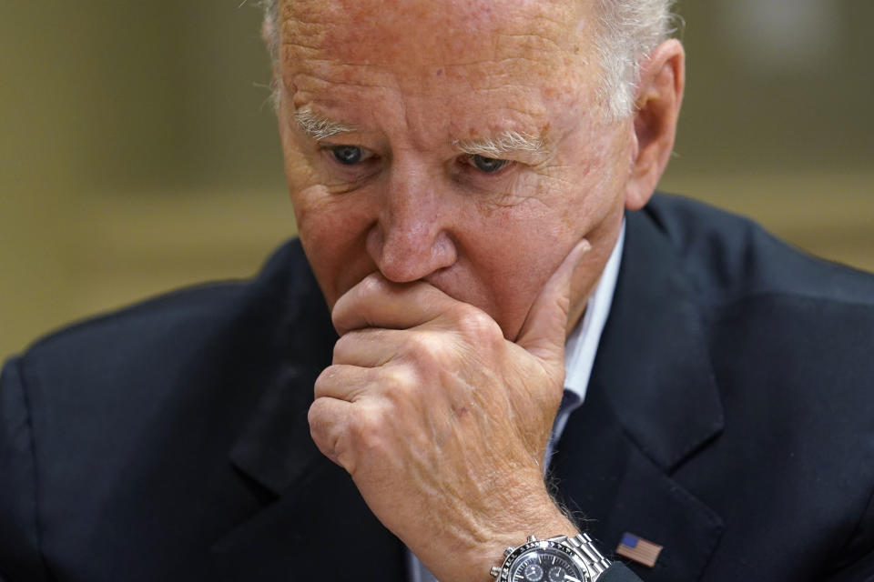 FILE - President Joe Biden listens during a briefing with first responders and local officials in Miami, Thursday, July 1, 2021, on the condo tower that collapsed in Surfside, Fla., last week. (AP Photo/Susan Walsh, File)