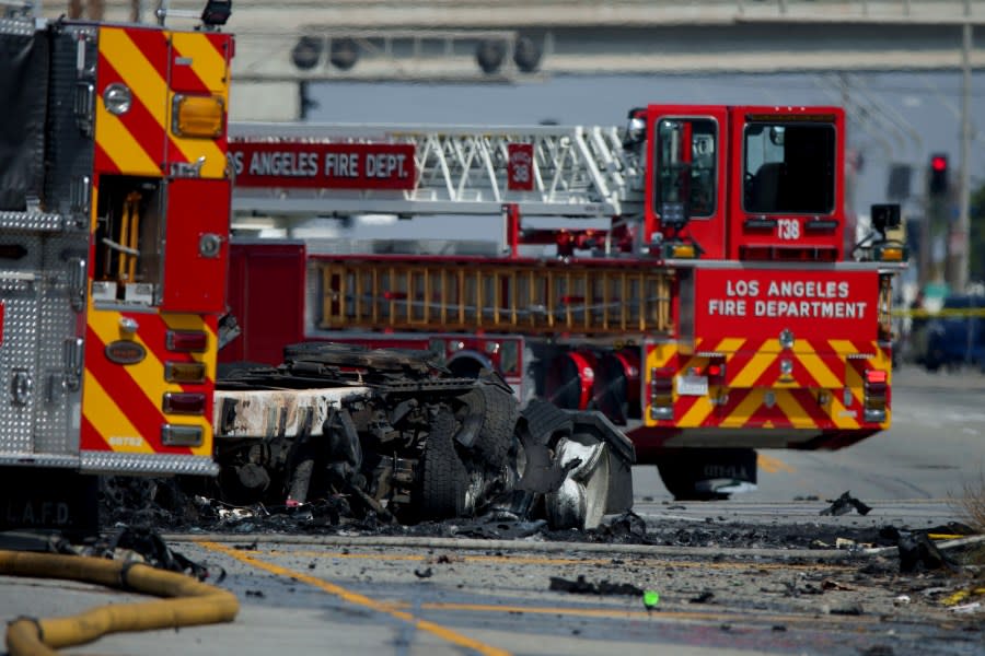 The tractor portion of a big rig stands on Thursday, Feb. 15, 2024, in the Wilmington section of Los Angeles. (AP Photo/Eric Thayer)