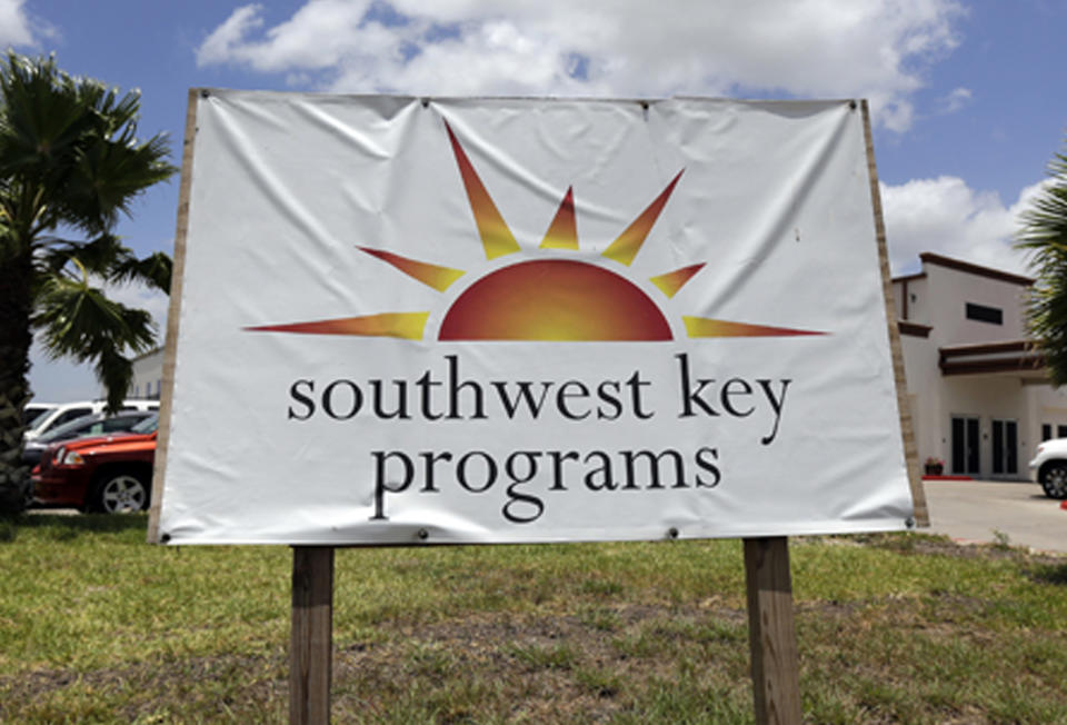 This June 20, 2014, file photo shows a Southwest Key Programs sign in Brownsville, Texas. The U.S. Department of Health and Human Services has awarded a $79 million contract to the nonprofit organization to provide child care and case management services at one of the new child migrant facilities in Midland, Texas. (AP Photo/Eric Gay, File)