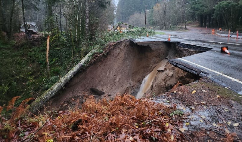 SR503 near Cougar, Washington was closed from water over the roadway and damage underneath, December 5, 2023 (WSDOT)