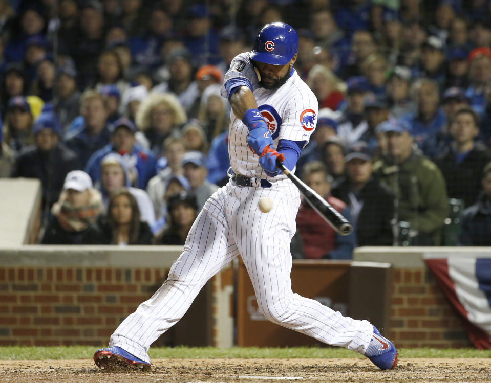 FILE - In this Oct. 30, 2016 file photo, Chicago Cubs' Jason Heyward hits a single during the eighth inning of Game 5 of the Major League Baseball World Series against the Cleveland Indians in Chicago. (AP Photo/Nam Y. Huh, File)