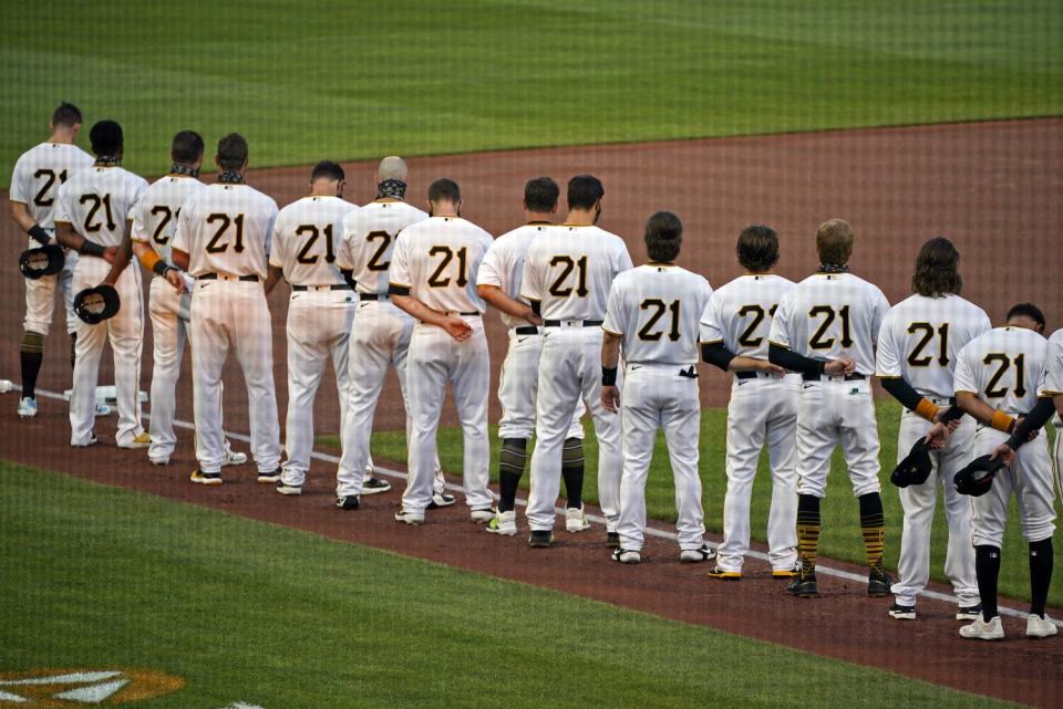 The Pittsburgh Pirates wear No. 21 on Major League Baseball's Roberto Clemente Day on Sept. 9, 2020.