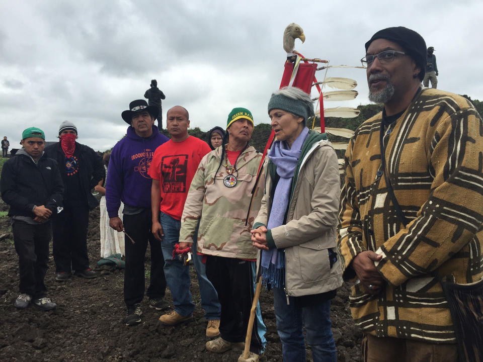 <p>Green Party presidential candidate Jill Stein, second from right, participates in an oil pipeline protest on Sept. 6, 2016, in Morton County, N.D. (Photo: LaDonna Allard via AP) </p>