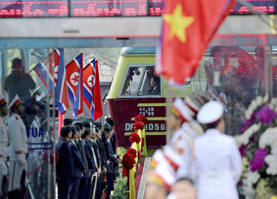 A train carrying North Korean leader Kim Jong Un arrives in Dong Dang in Vietnamese border town Tuesday, Feb. 26, 2019, ahead of his second summit with U.S. President Donald Trump. (AP Photo/Minh Hoang)