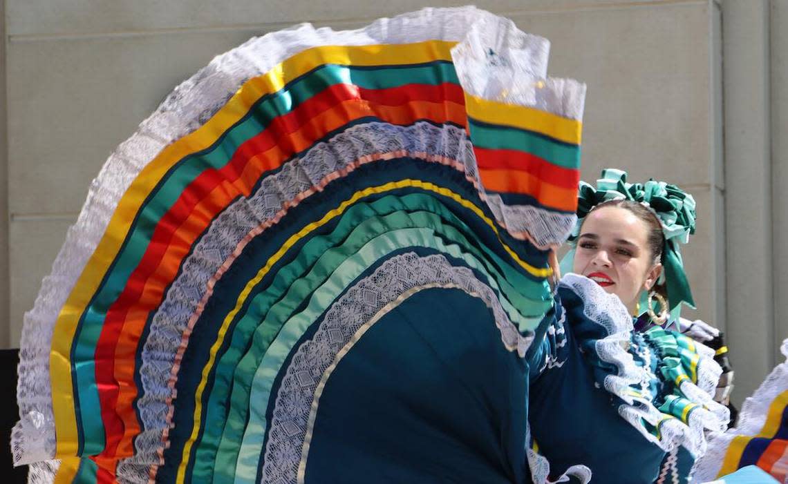 A dancer with Grupo Folklórico Tangu Yuu performs a dance from Nayarit during the Sept. 17, 2022 Fiestas Patrias celebration in downtown Fresno.