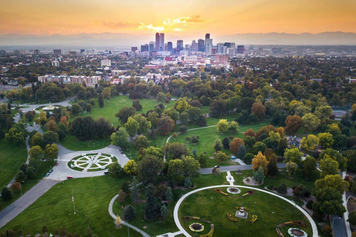 sunset over Denver cityscape, aerial view from the park