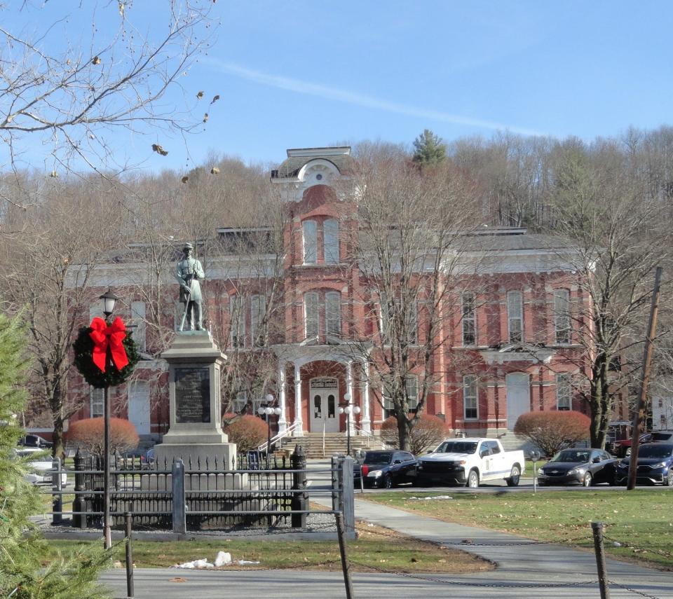 The Wayne County Courthouse, as seen from Central Park in Honesdale, PA.