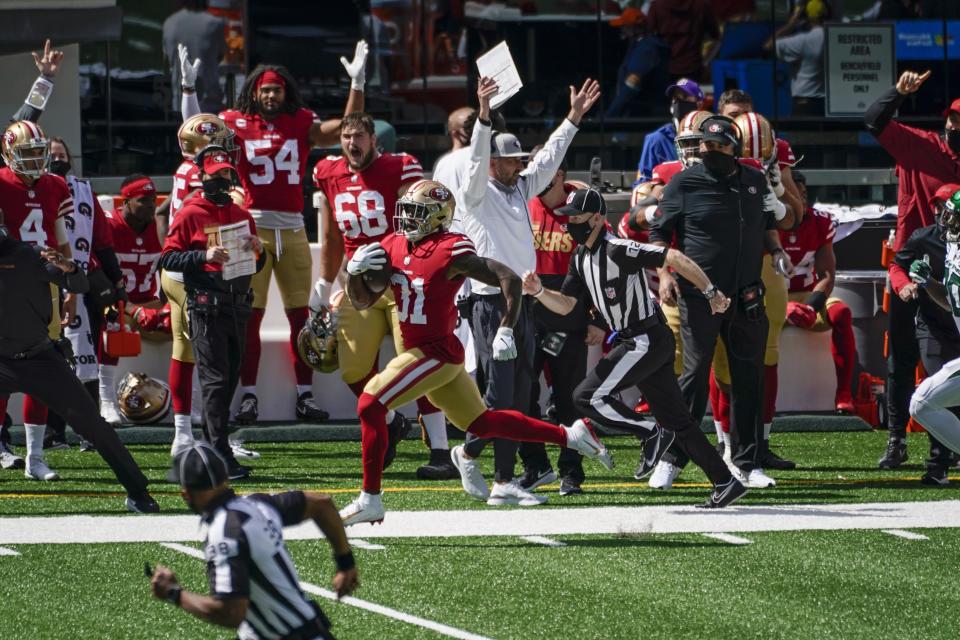 San Francisco 49ers running back Raheem Mostert (31) runs 80 yards for a touchdown during the first half of an NFL football game against the New York Jets, Sunday, Sept. 20, 2020, in East Rutherford, N.J. (AP Photo/Corey Sipkin)