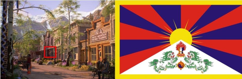 《奇異人生：本色》遊戲街道上出現象徵西藏獨立的「雪山獅子旗」。   圖：翻攝自《奇異人生：本色》Steam、維基百科