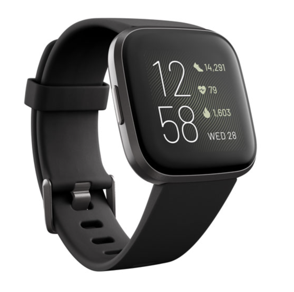 Fitbit Versa 2 Smartwatch in black with numbers on screen (Photo via Best Buy Canada)