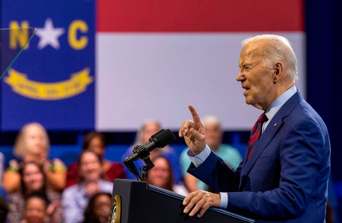 President Joe Biden touts a $3 billion federal program to help water utilities nationwide find and replace lead service lines during remarks at the Wilmington Convention Center on Thursday, May 2, 2024. Travis Long/tlong@newsobserver.com