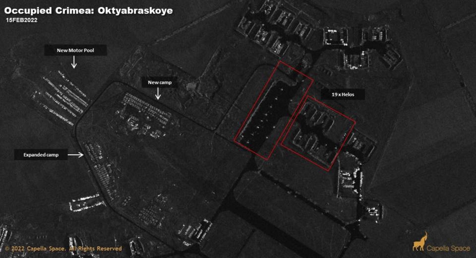 <div class="inline-image__caption"><p>Satellite imagery provided by Capella Space and analyzed by Hawkeye 360's Chris Biggers shows a new motor pool, 19 new helicopters, and an expanded camp for likely new arrivals at a Russian military facility in Oktyabrskoye in Russian-occupied Crimea.</p></div> <div class="inline-image__credit">Capella Space:Analysis by Chris Biggers</div>