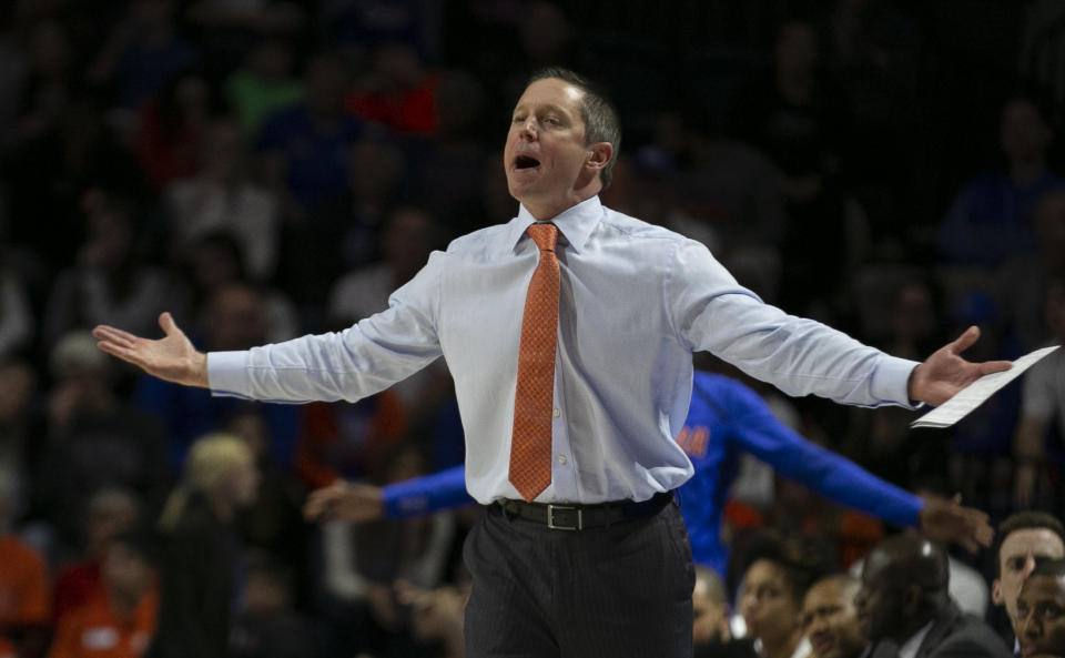 Florida head coach Mike White during the second half of an NCAA college basketball game against Kentucky, Saturday, March 7, 2020, in Gainesville, Fla. (AP Photo/Alan Youngblood)