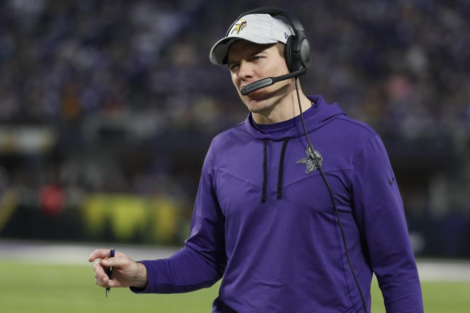 Minnesota Vikings head coach Kevin O'Connell reacts during the first half of an NFL wild card football game against the New York Giants Sunday, Jan. 15, 2023, in Minneapolis. (AP Photo/Bruce Kluckhohn)