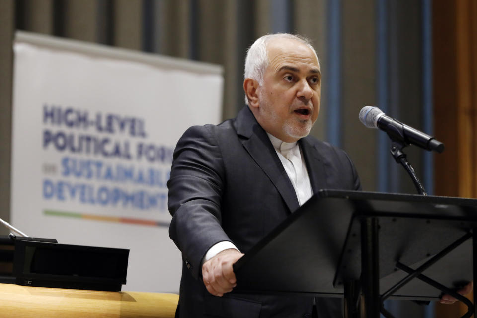 Iran's Foreign Minister Javad Zarif addresses the High Level Political Forum on Sustainable Development, at United Nations headquarters, Wednesday, July 17, 2019. (AP Photo/Richard Drew)