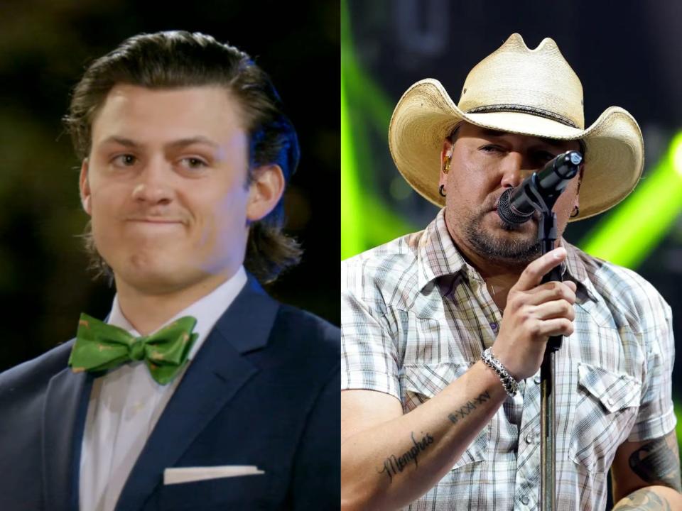 left: logan crosby, in a suit and bow tie pursing his lips; right: jason aldean in a large hat singing into a microphone