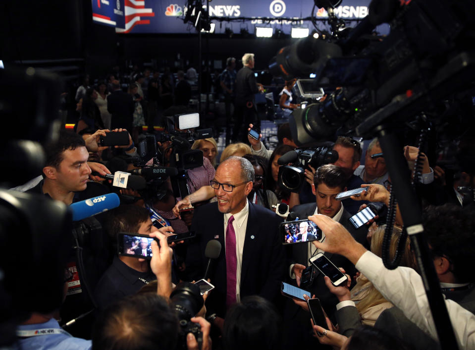 DNC Chair Tom Perez speaks to the media before the start of the Democratic primary debate hosted by NBC News at the Adrienne Arsht Center for the Performing Arts, Wednesday, June 26, 2019, in Miami. (AP Photo/Brynn Anderson)