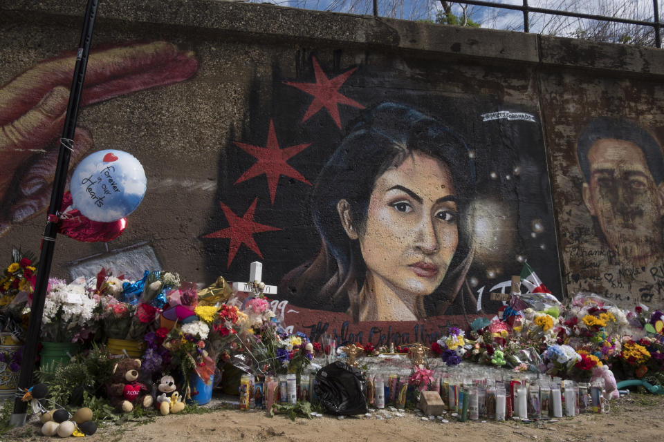 A mural of Marlen Ochoa-Lopez with flowers and balloons in Chicago's neighbourhood of Pilsen.