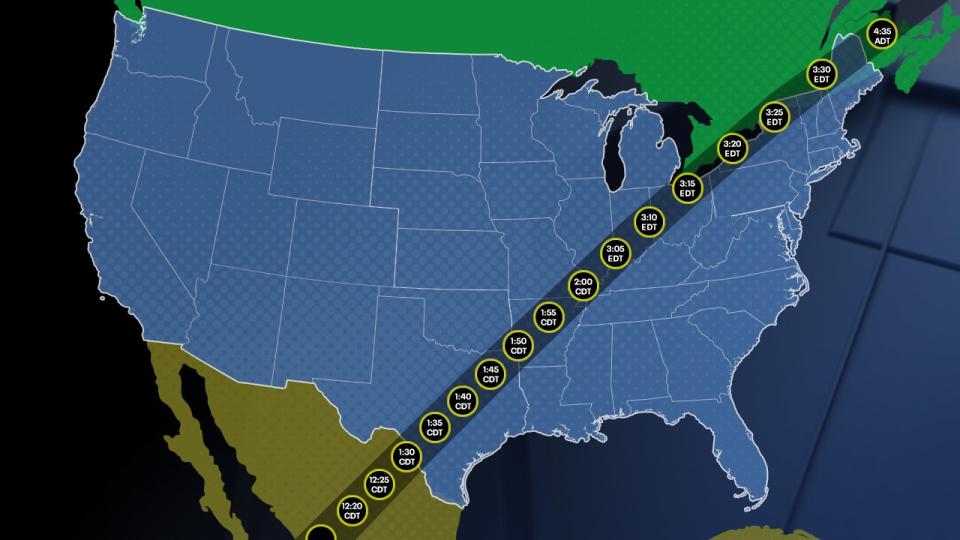 <div>Projected path and time of totality for the 2024 total solar eclipse over the U.S.</div>