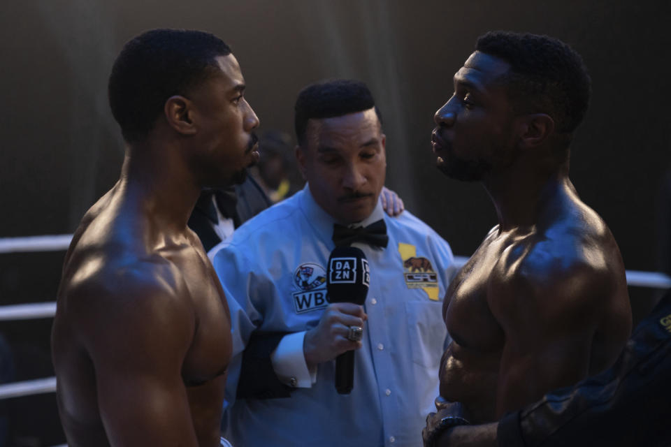 (L-R) Michael B. Jordan and Jonathan Majors square off in MGM/Amazon’s ‘Creed III’