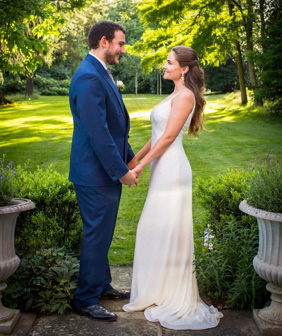 Gabriel Jagger, son of Mick Jagger and Jerry Hall, poses with his wife Anouk Winzenried, daughter of Andrea and Janine Winzenried, who were married on July 17, 2021 in London, United Kingdom.