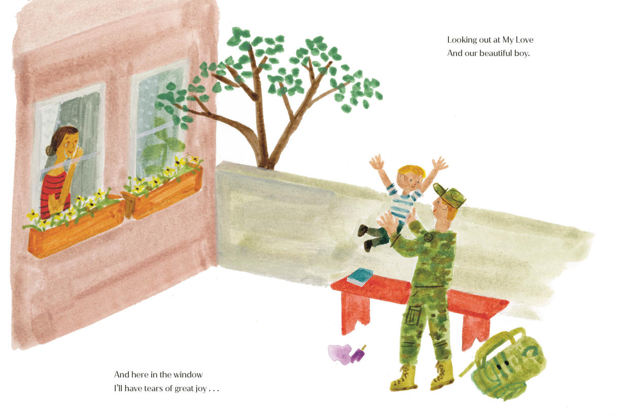 The illustrations feature one of a man in army fatigues returning home. (Penguin)