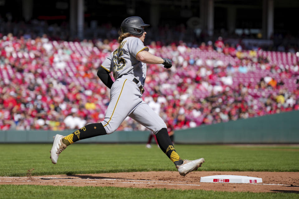 Pittsburgh Pirates' Jack Suwinski runs the bases after hitting a solo home run during the fifth inning of a baseball game against the Cincinnati Reds in Cincinnati, Sunday, Sept. 24, 2023. (AP Photo/Aaron Doster)